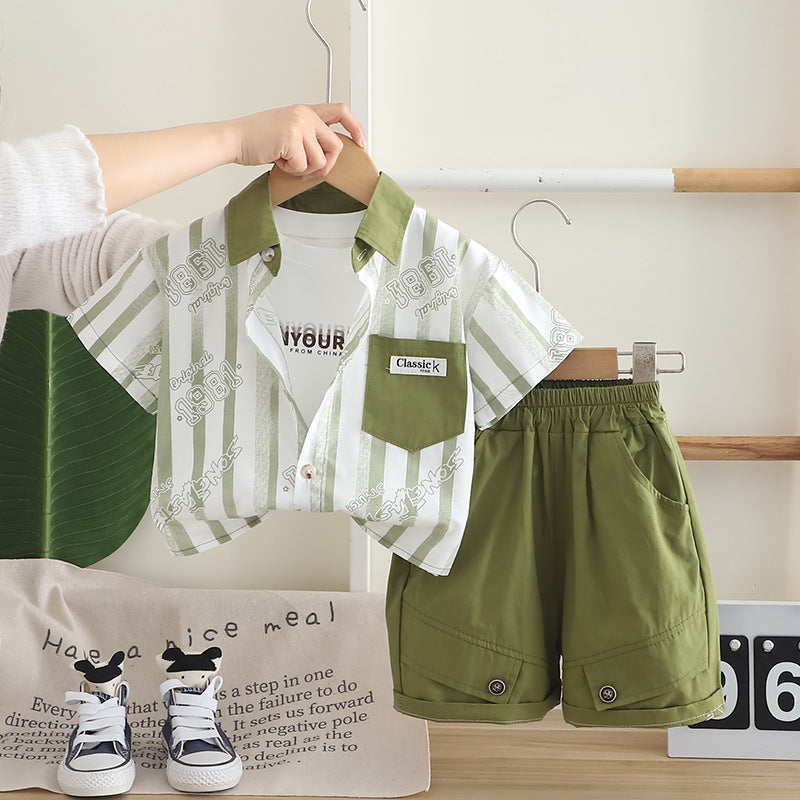 A summer boys three-piece set new baby boy foreign clothes thin striped shirt short-sleeved set medium and small children's tide