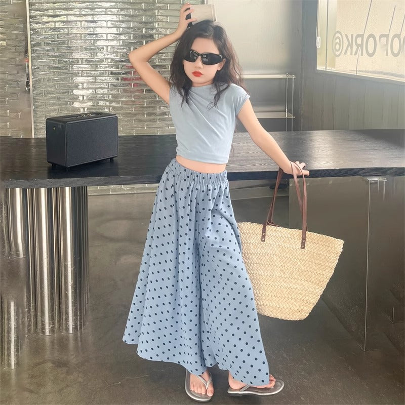 A girls T-shirt culottes set summer new Korean version top wide leg pants medium older girls polka dot culottes