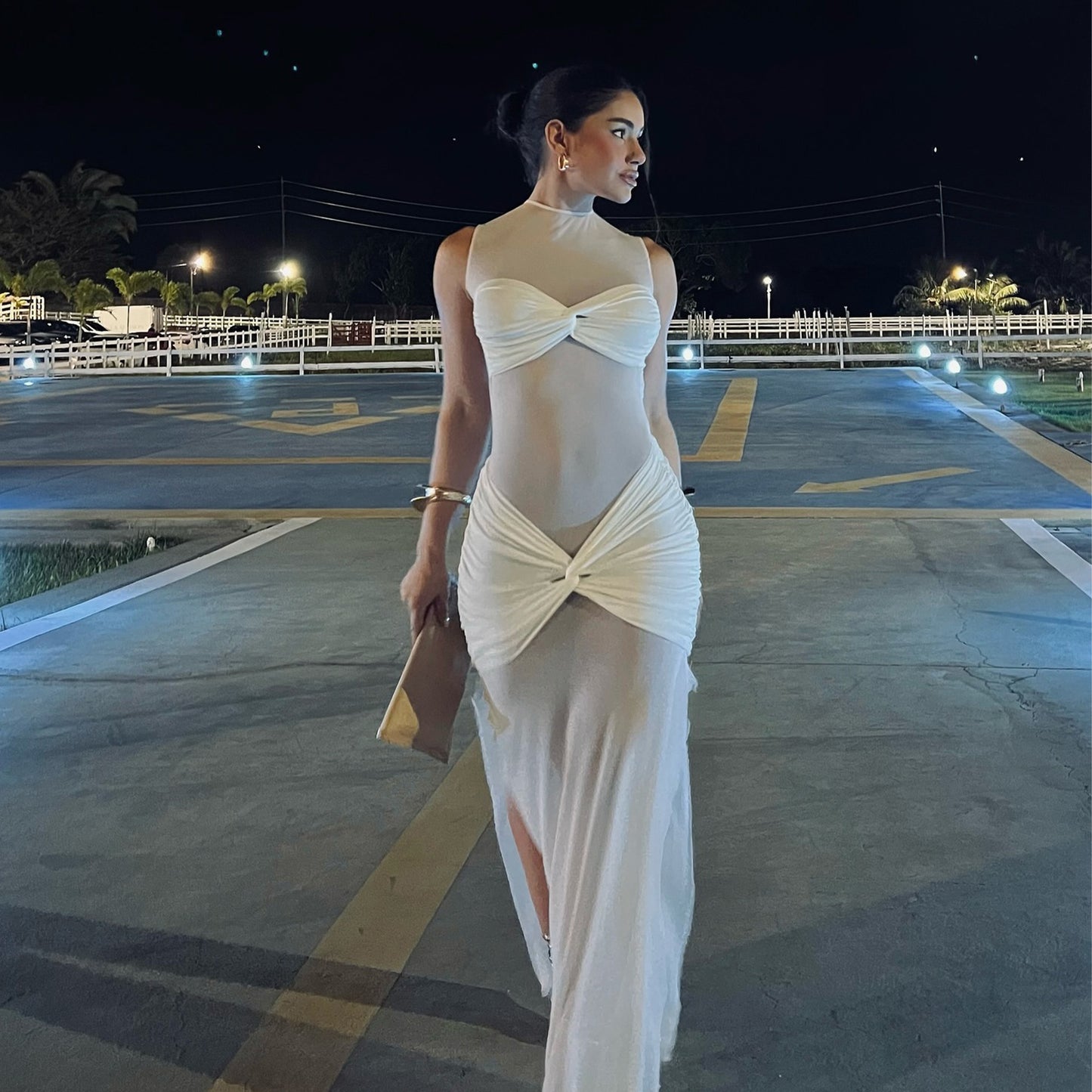 D098DS European and American cross-border 2025 spring new evening dress perspective mesh sexy solid color hip-wrapped women's jumpsuit - Mixbatch