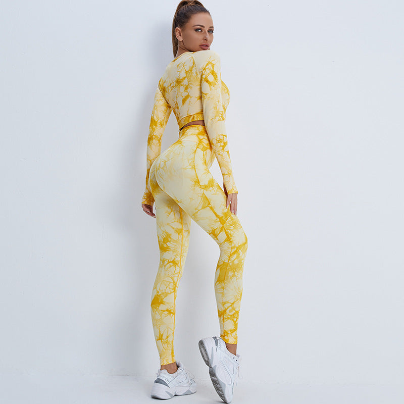 A new seamless yoga suit women's cross-border high-waisted hip-lifting yoga pants tie-dye long-sleeved top fitness sportswear set