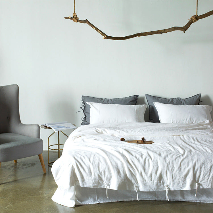 Minimalist Japanese Linen Four Piece Bedding Set Solid Color Button Cotton Linen Bed Sheet and Duvet Cover 1.8 Home Textile Bedding - Mixbatch
