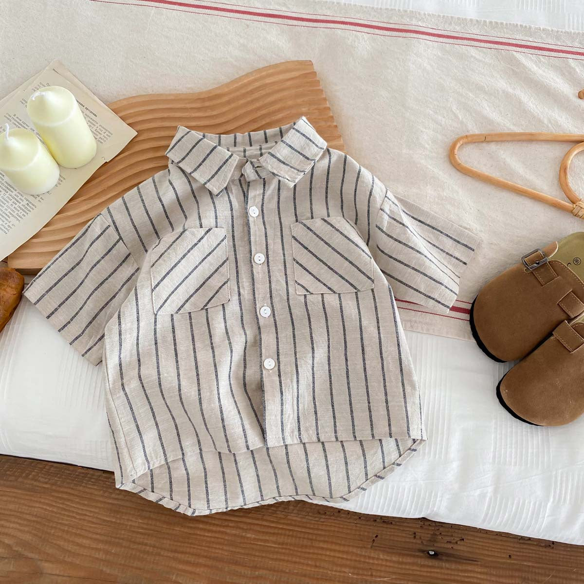 A Children's Korean version retro striped short-sleeved shirt shorts set for babies and boys and girls in summer thin casual trendy clothes - Mixbatch
