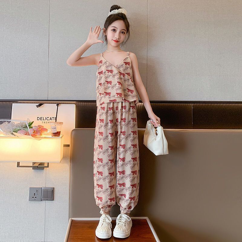 A girls summer suit new girls' older children's foreign style children's sling vest mosquito-proof pants summer two-piece set trendy