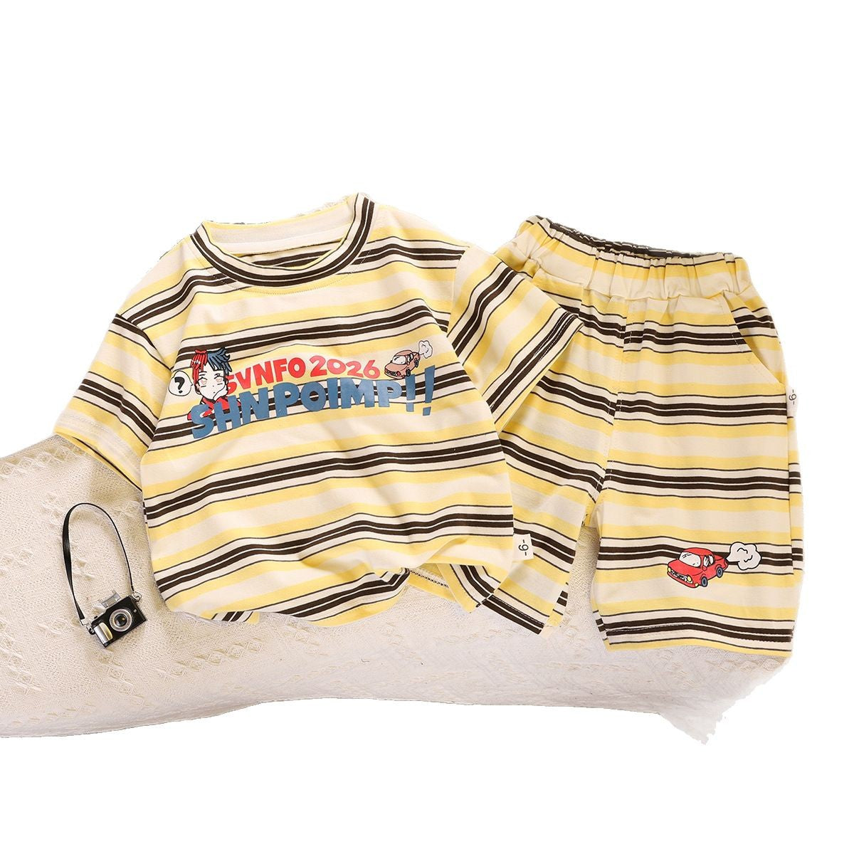 A Children's clothing summer new 0-5 year old children's boys and girls striped letter short-sleeved shorts 2-piece set