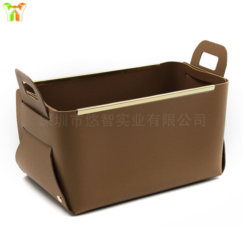A leather sock storage basket
