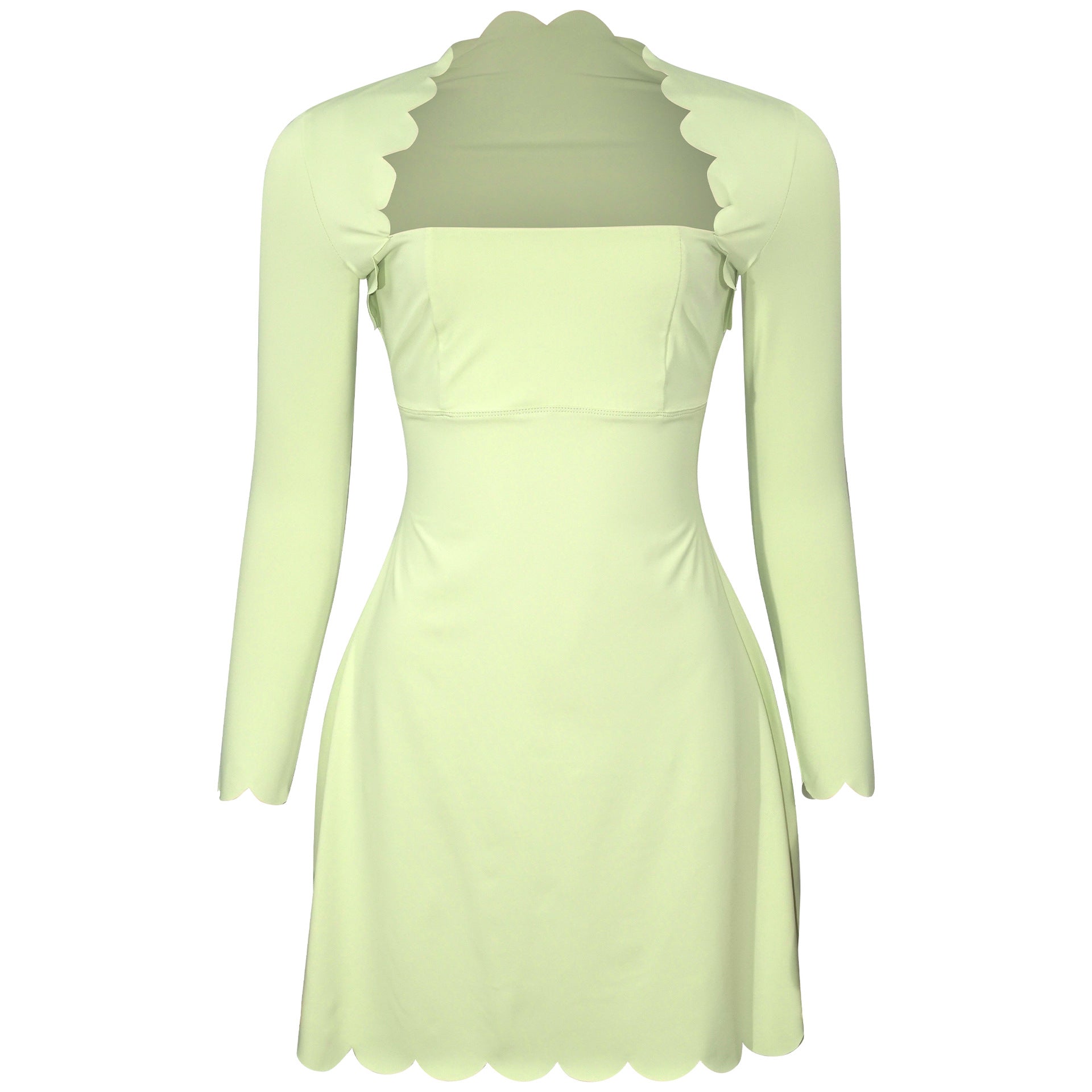 A672DS European and American cross-border 2025 spring women's square collar slim-fitting long-sleeved solid color splicing burnt lace short dress dress - Mixbatch