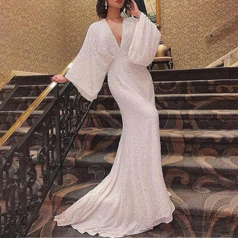 A long-sleeved sequined dress dress fishtail banquet elegant long dress V-neck