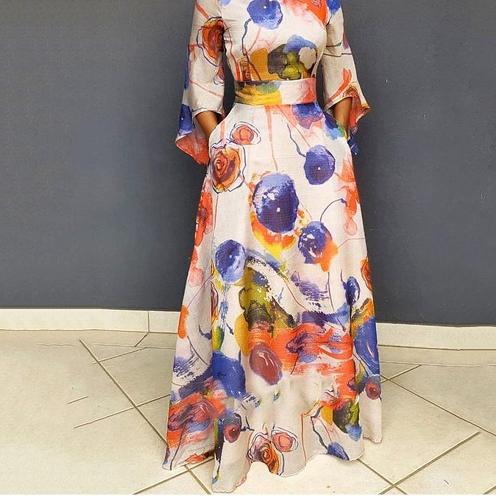 A Mid-waist blue printed long dress waist dress