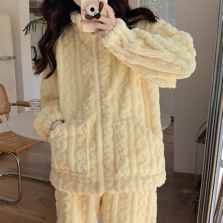 A Coral fleece pajamas winter women's models 2023 new autumn and winter fleece thickened zipper can be worn outside loungewear milk yellow - Mixbatch
