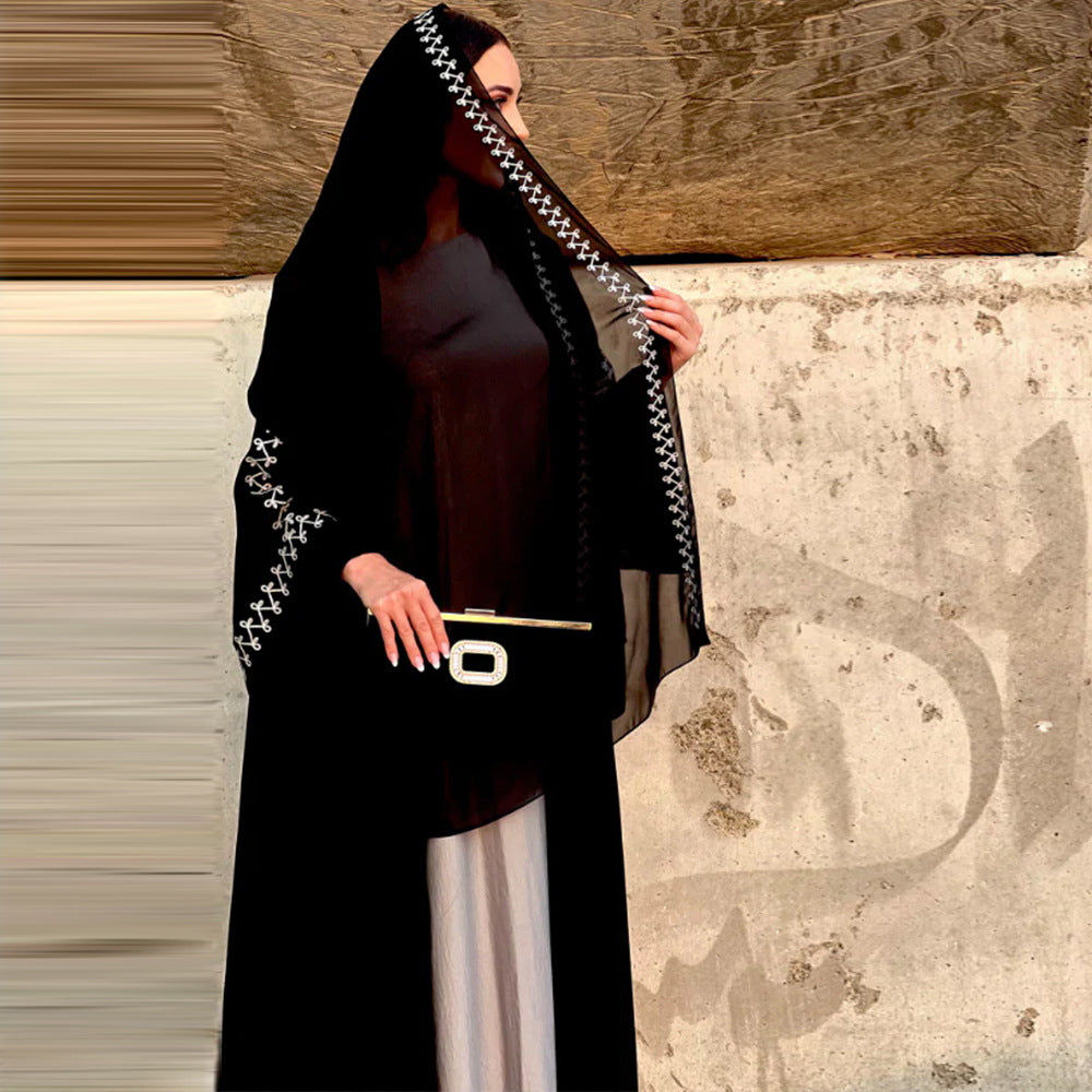 New Muslim fashion temperament elegant cardigan robe bat sleeve embroidered headscarf - Mixbatch