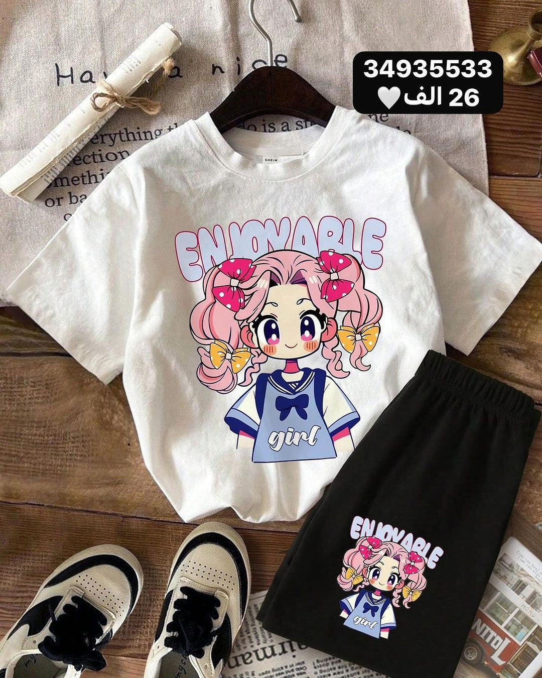 A Children's cute cartoon pattern printing set boys and girls short-sleeved T-shirt + shorts