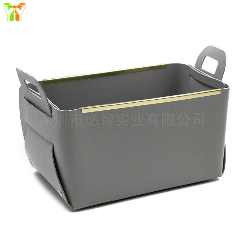 A leather sock storage basket