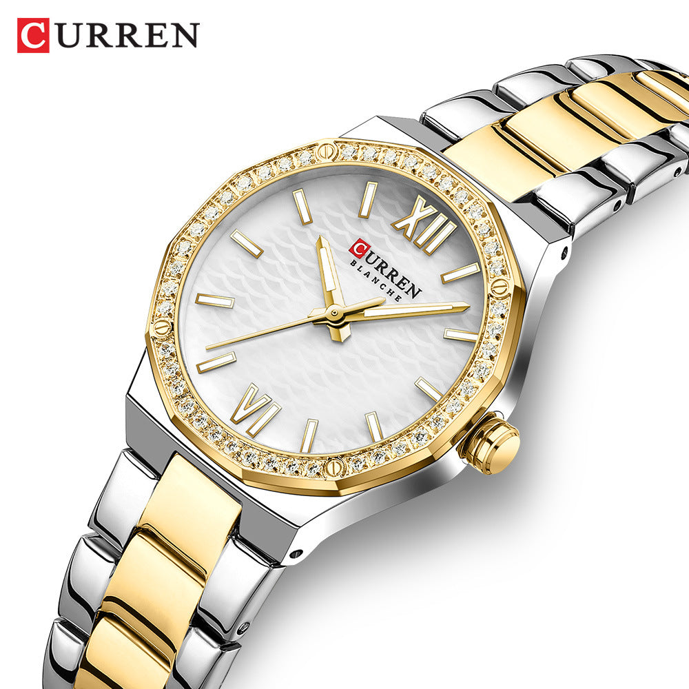 A 9103 Ladies Korean Small Fashion Diamond-encrusted Polygon Waterproof Quartz Steel Strap Watch