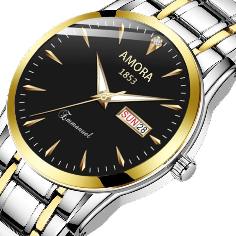 A new quartz watch men's double calendar automatic waterproof luminous business steel belt watch