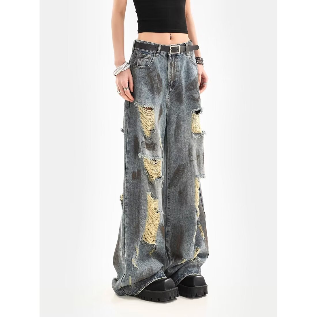 A old retro ripped jeans women's summer new American loose drape wide leg pants tide