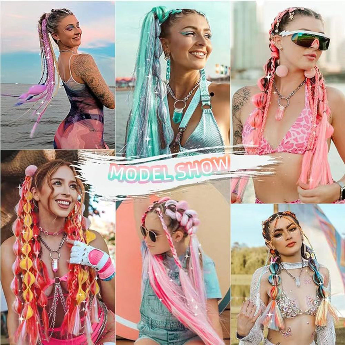 A children's color laser silk braided hair dreadlocks gold silk long ponytail hair extension colorful gradual change braid braided hair wig pair - Mixbatch