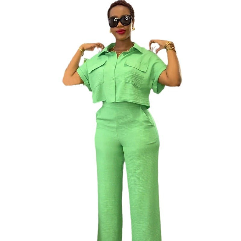 A spring new casual lapel short-sleeved shirt wide-leg trousers fashion suit