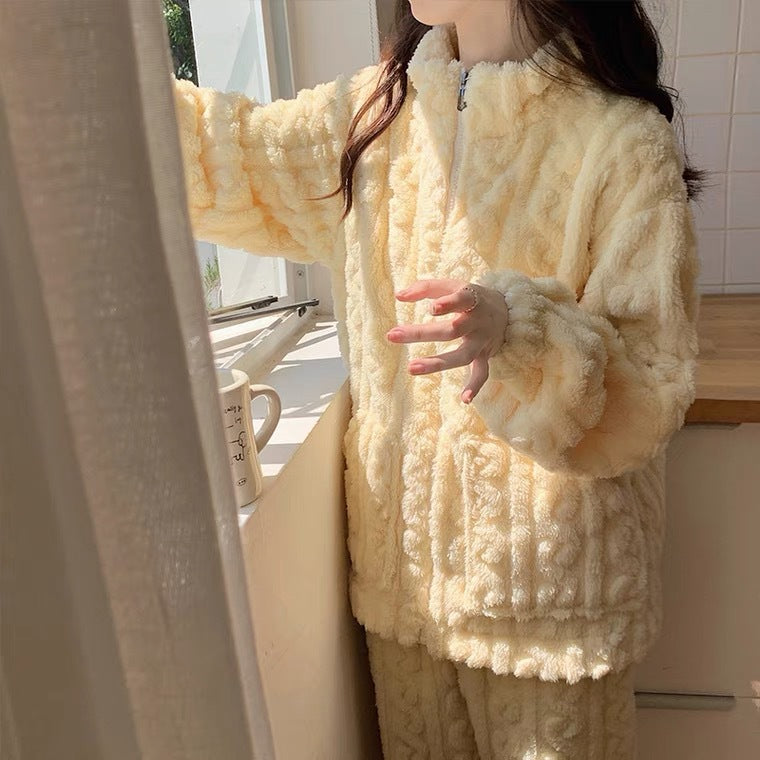 A Coral fleece pajamas winter women's models 2023 new autumn and winter fleece thickened zipper can be worn outside loungewear milk yellow - Mixbatch