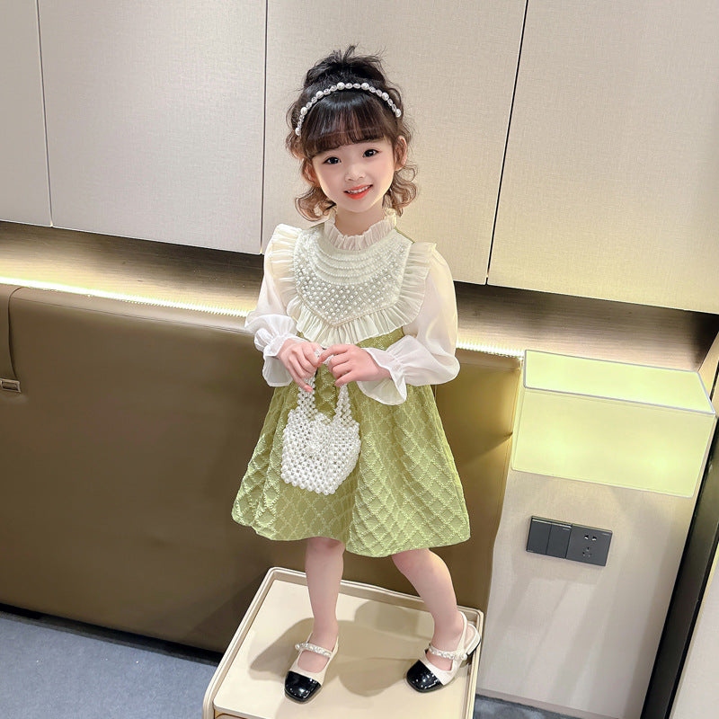 A girls lace pearl dress spring and autumn new girl baby foreign fashion princess dress small and medium children's clothing