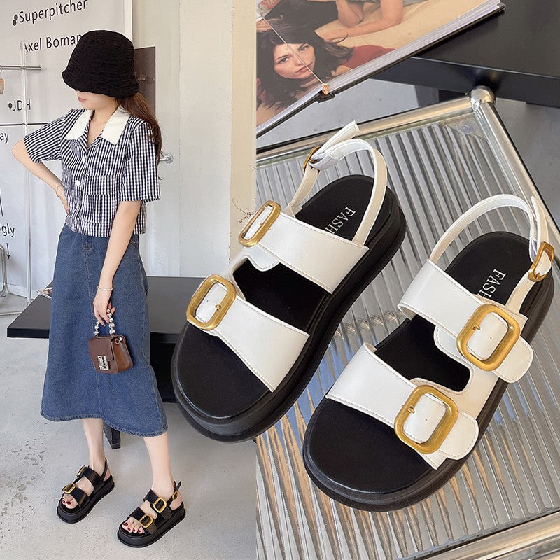 A muffin platform casual sandals women's summer new fashion double-breasted metal buckle foreign trade Roman sandals women