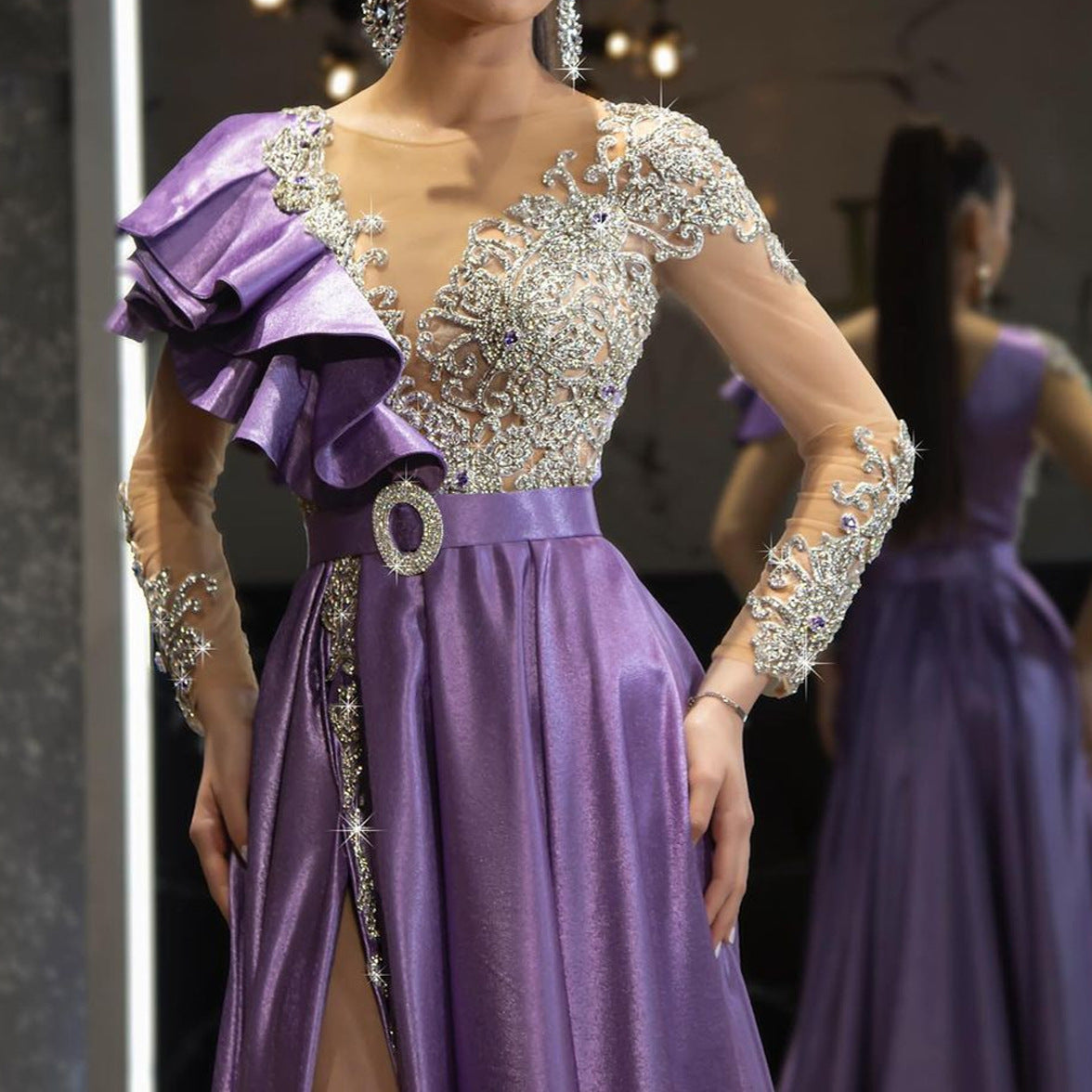 A European and American women's evening dress women's gold purple sequined dress