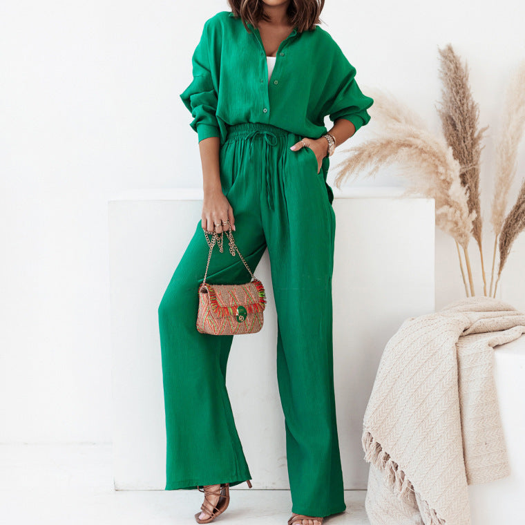 A European and American women's clothing spring new fashion temperament solid color lapel shirt high waist trousers two-piece set women