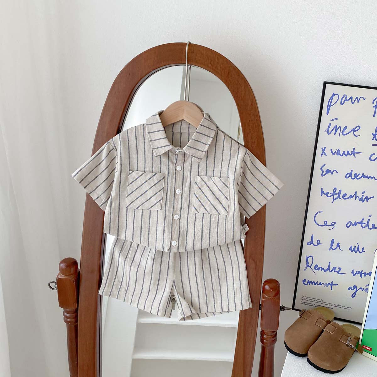 A Children's Korean version retro striped short-sleeved shirt shorts set for babies and boys and girls in summer thin casual trendy clothes - Mixbatch