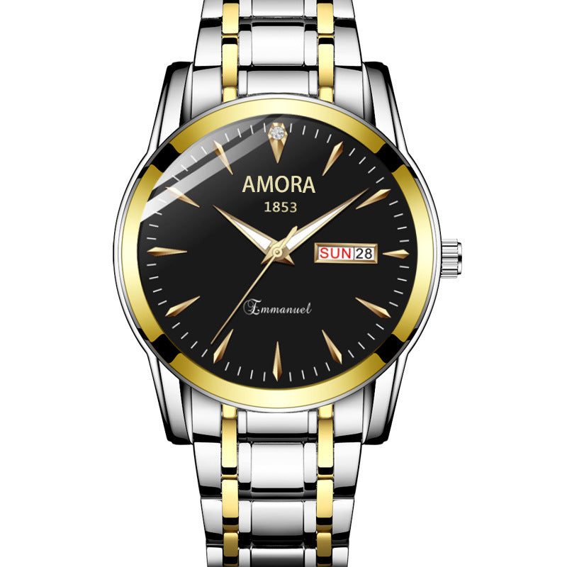 A new quartz watch men's double calendar automatic waterproof luminous business steel belt watch