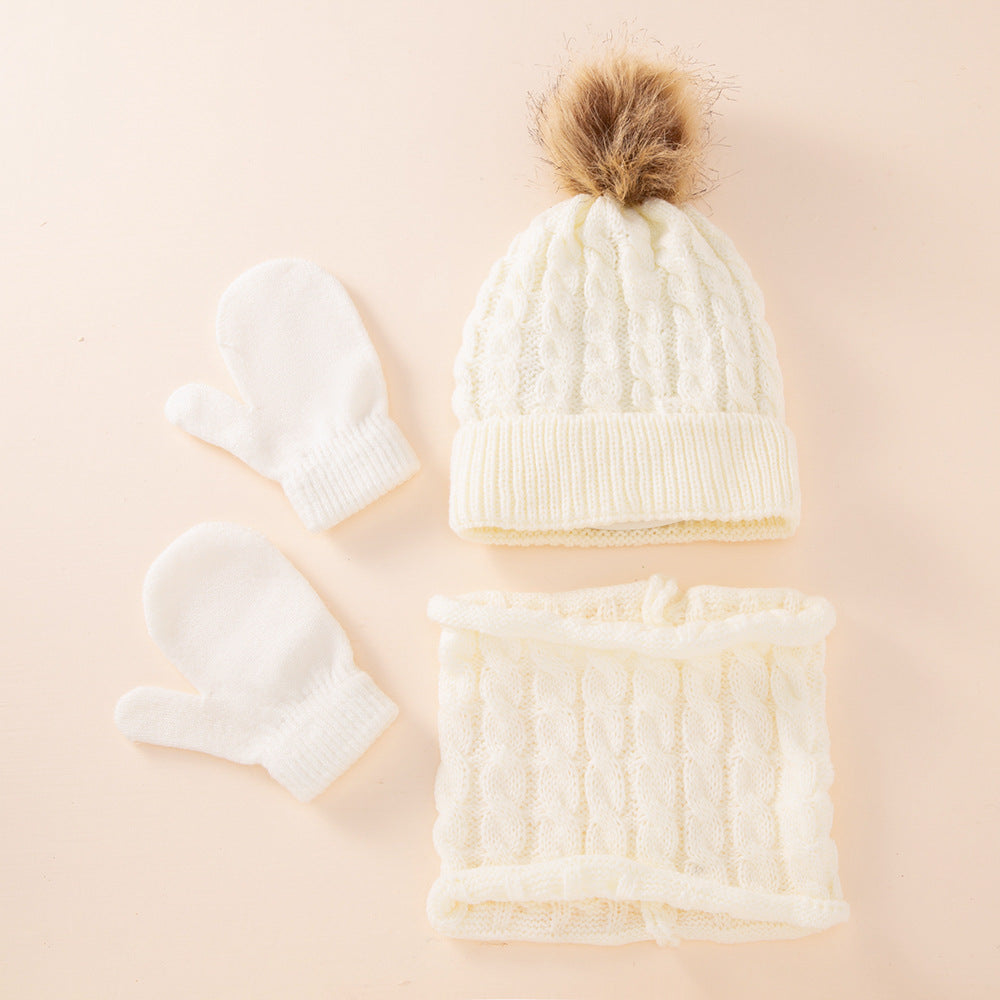 A new wool monochrome twist warm children's hat scarf gloves two or three-piece set