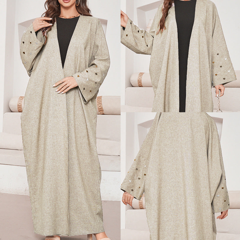 New heart-shaped embroidered Middle Eastern Muslim long dress fashionable and elegant cardigan imitation hemp two-color dress robe - Mixbatch