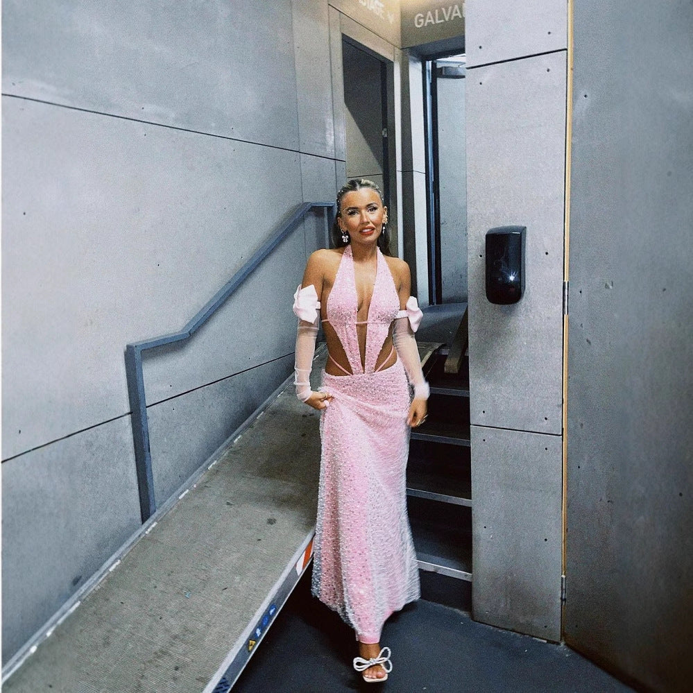 A dress pink orange beads party style neck strap skirt deep V rear hollow strap low waist long dress