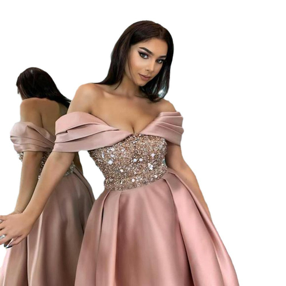 A Spring simple and atmospheric long and thin sequins off-the-shoulder banquet evening dress dress