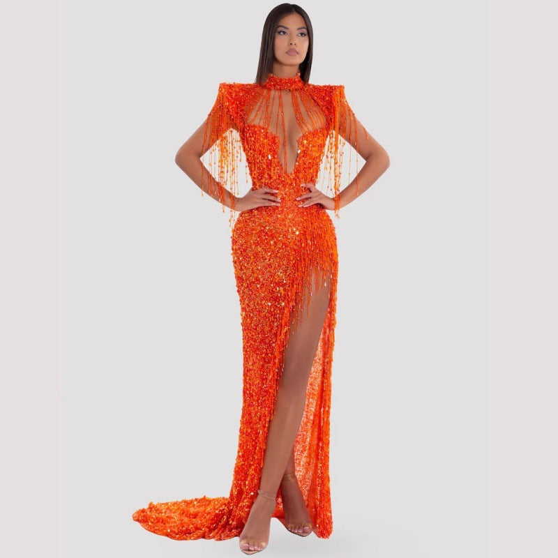 A smart fringe sexy hollow high split orange sequin dress elegant red carpet annual dinner dress