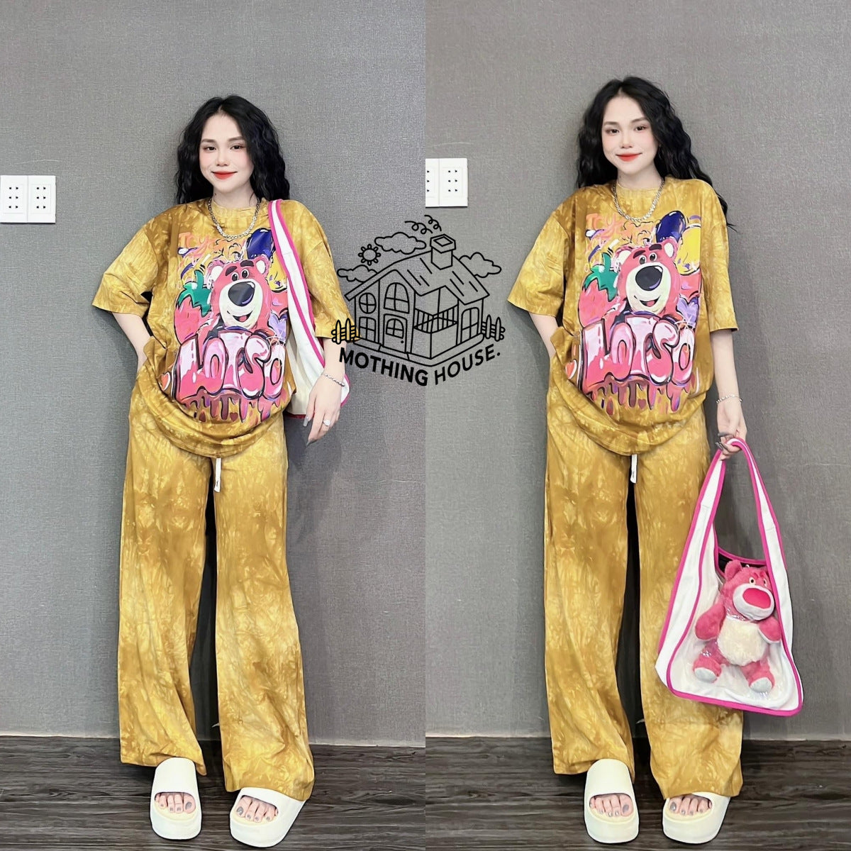 A tie-dye fashion suit women's summer loose cartoon print short-sleeved wide-leg pants casual two-piece set trendy