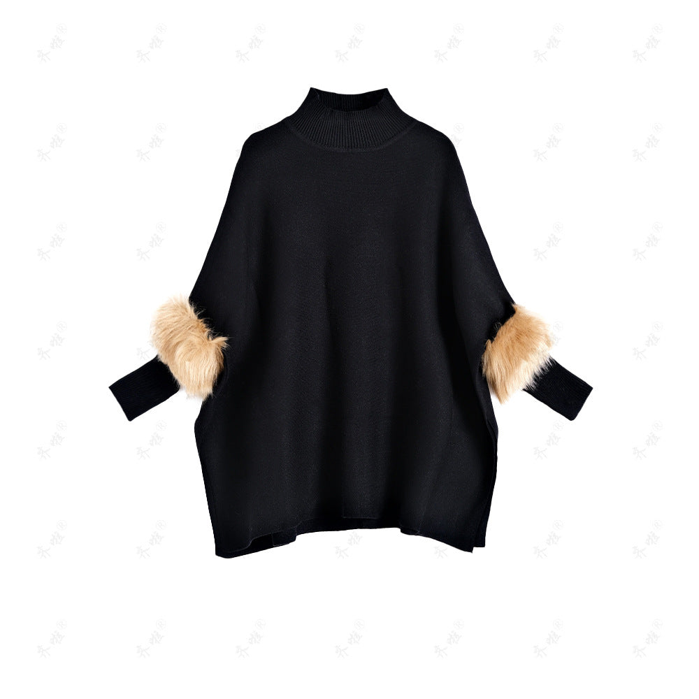A turtleneck pullover cape knitted sweater simulation fur fur sleeve sweater large size bottoming shirt jacket women