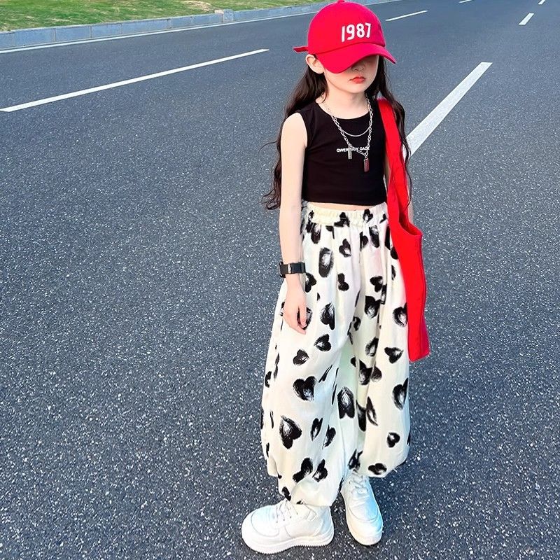 A girls pants summer thin wide-leg pants new summer letter sleeveless top casual pants set foreign trade