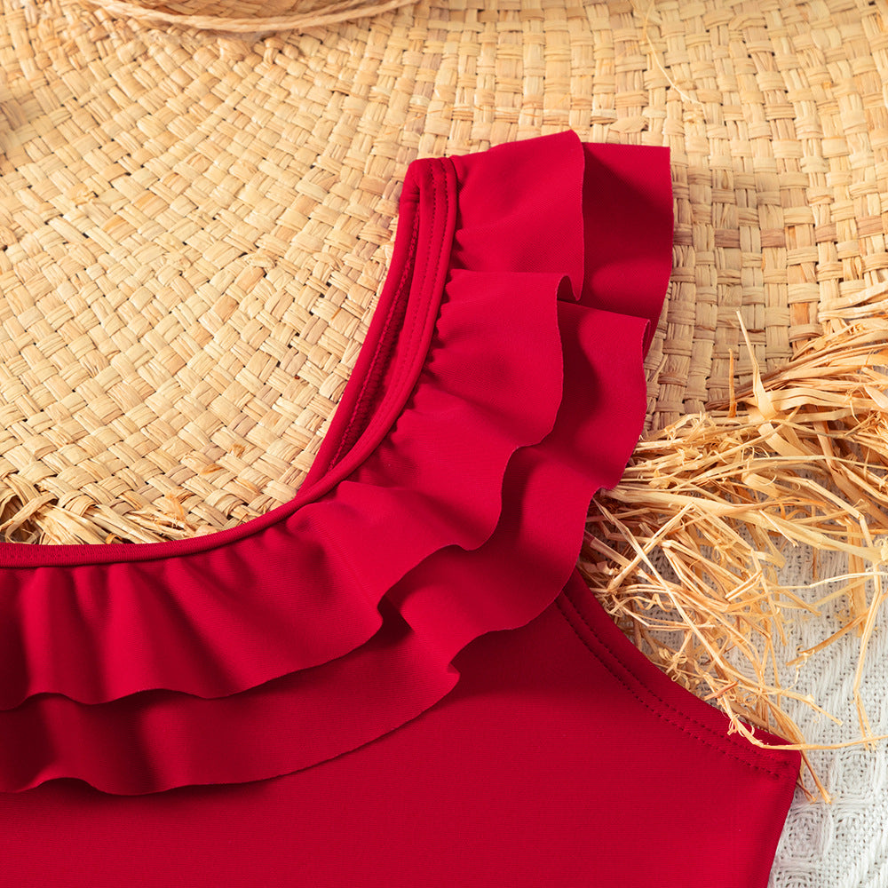 A triangular one-piece girls swimsuit girls foreign trade European and American slanted shoulder ruffle edge - Mixbatch