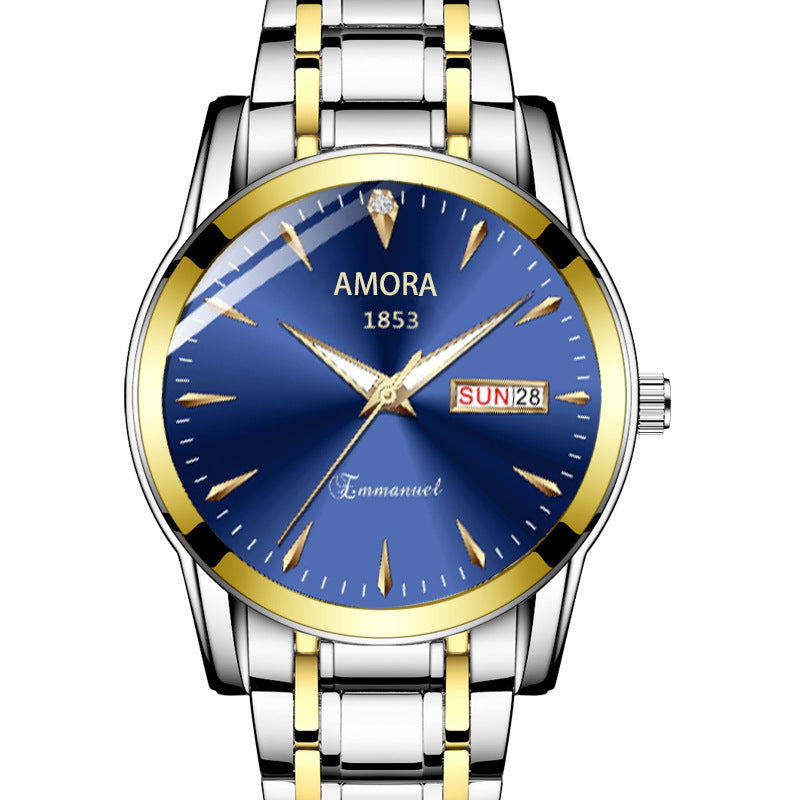 A new quartz watch men's double calendar automatic waterproof luminous business steel belt watch