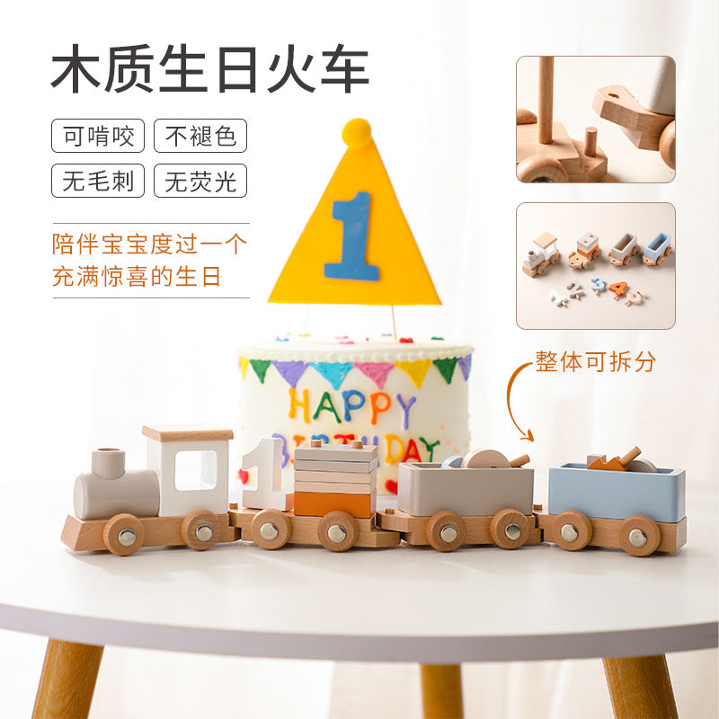A wooden children's birthday train toy baby birthday milestone toy small train creative birthday photo ornament