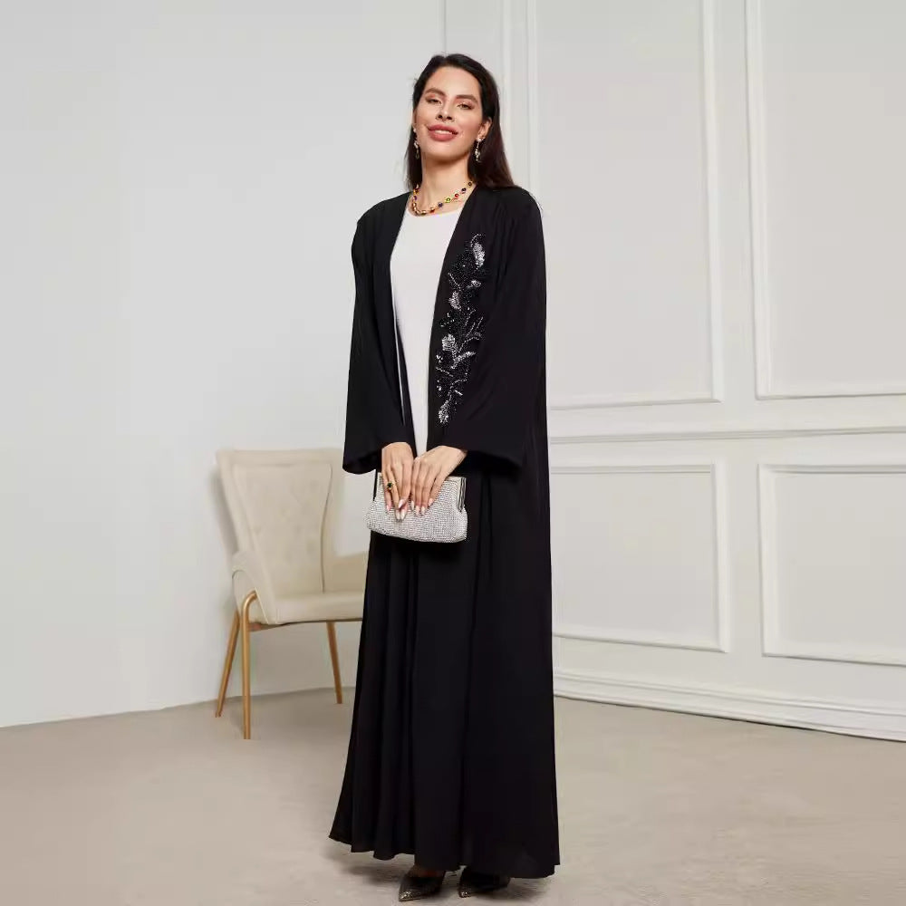 New handmade beaded Middle Eastern Muslim clothing long dress fashionable and elegant cardigan contrasting color dress robe - Mixbatch
