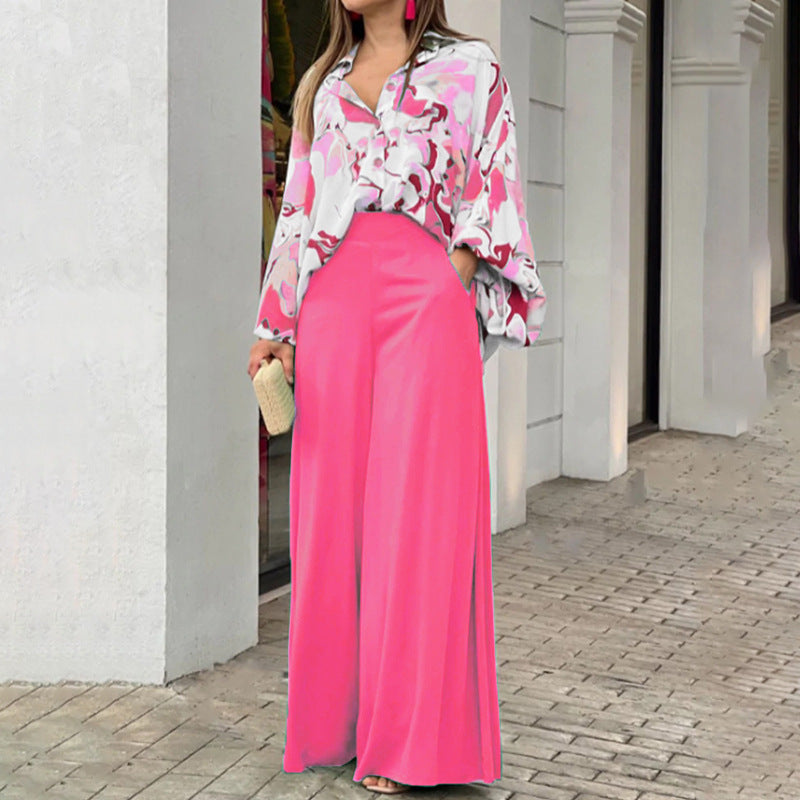 A printed shirt temperament elegant wide-leg pants fashion casual suit