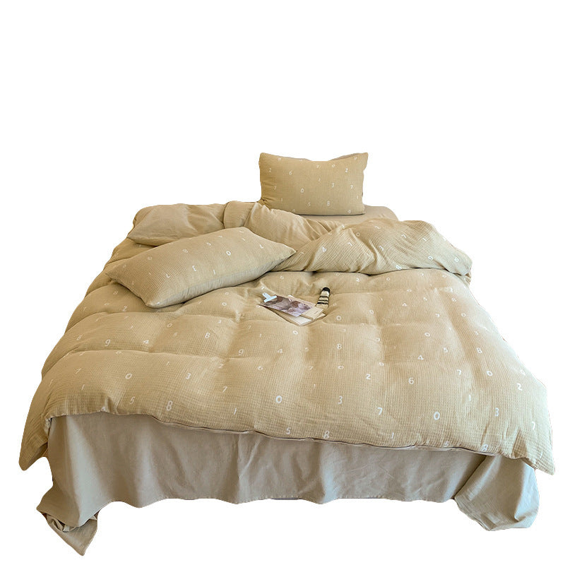 ju fluffy soft three-layer gauze cotton four-piece set cute jacquard baby baby with cotton duvet cover bed sheets 2.0kg - Mixbatch