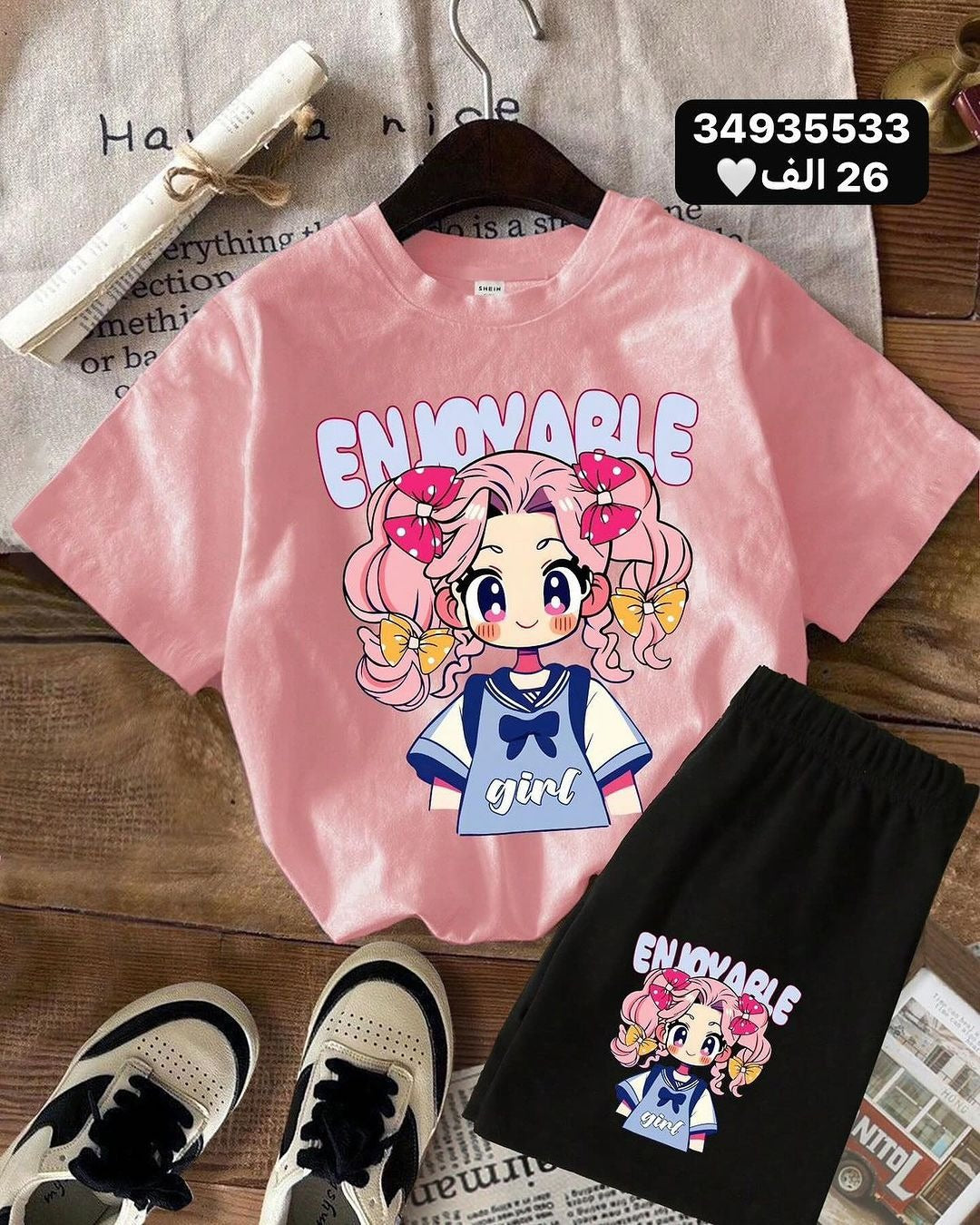 A Children's cute cartoon pattern printing set boys and girls short-sleeved T-shirt + shorts