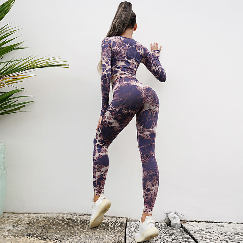 A new seamless yoga suit women's cross-border high-waisted hip-lifting yoga pants tie-dye long-sleeved top fitness sportswear set