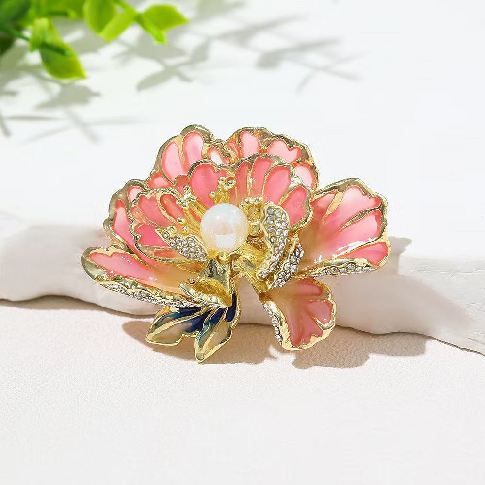 A Pink Peony Brooch High-end Female Exquisite Simple New Chinese Corsage Decorative Temperament Flower Alloy Corsage - Mixbatch