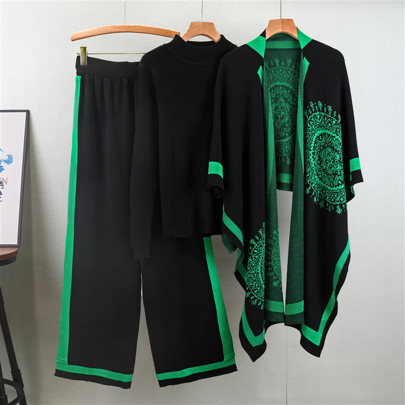 A long-sleeved knitted sweater + shawl + pants three-piece set
