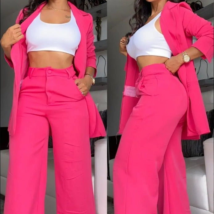 A women's temperament elegant solid color split sleeve lapel suit pocket straight pants suit