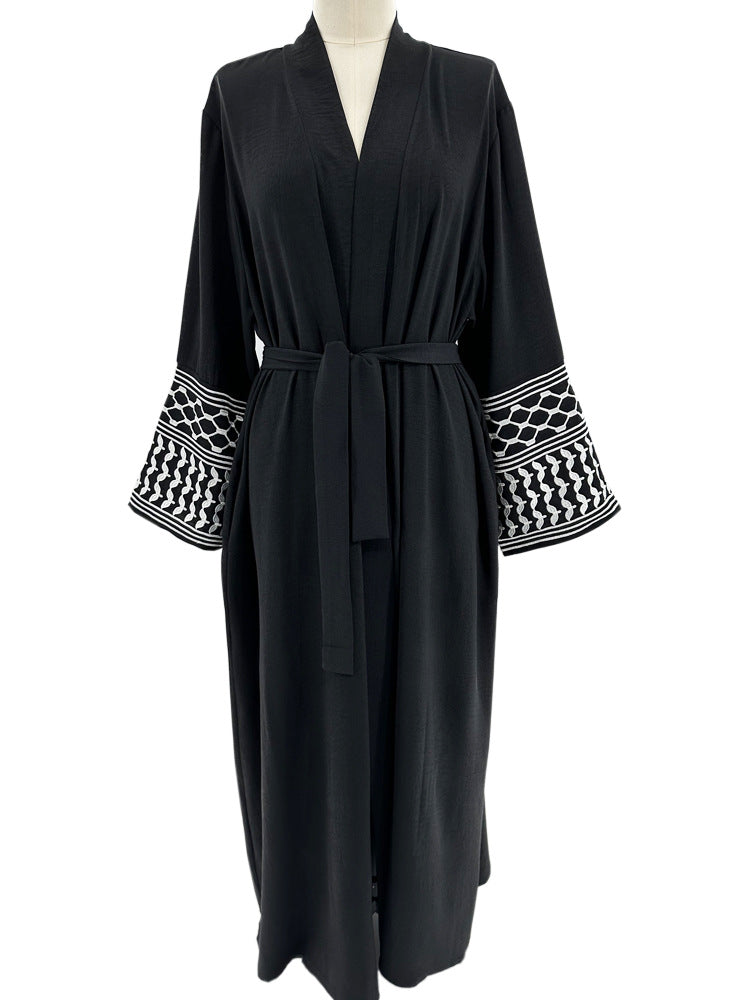 Embroidered Middle Eastern Muslim Clothing Fashion Elegant Pocket Cardigan Lace-Up Dress Robe - Mixbatch
