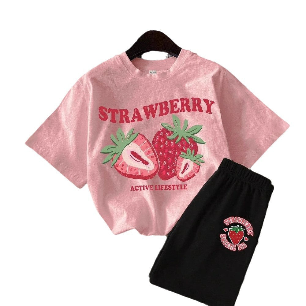 A Children's cute cartoon pattern printing set boys and girls short-sleeved T-shirt + shorts