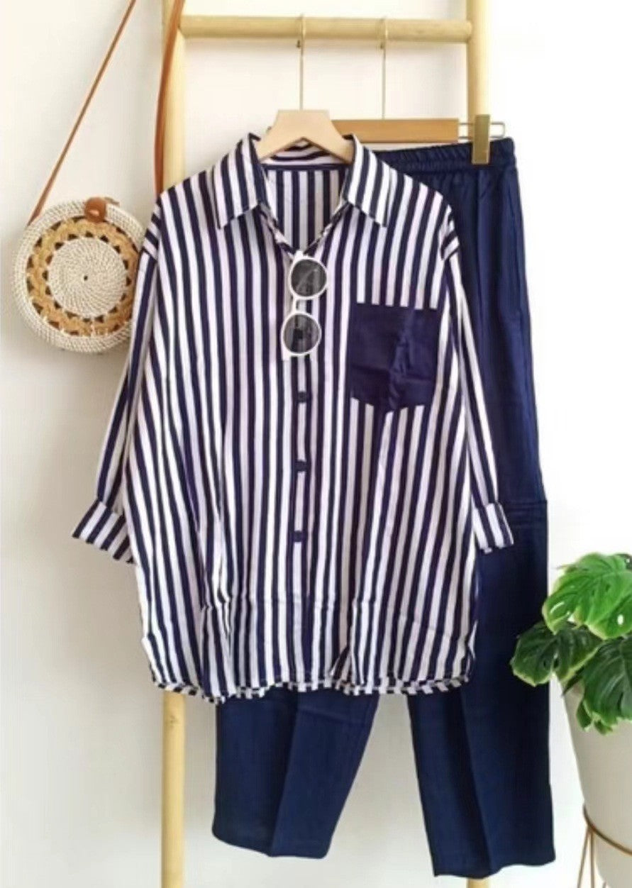 A large size women's clothing summer slightly fat MM fashion loose and thin comfortable casual striped suit